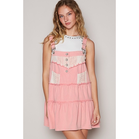 Pink Denim & Crochet Patch Tiered Skirtall Mini Dress - Picture 3 of 8